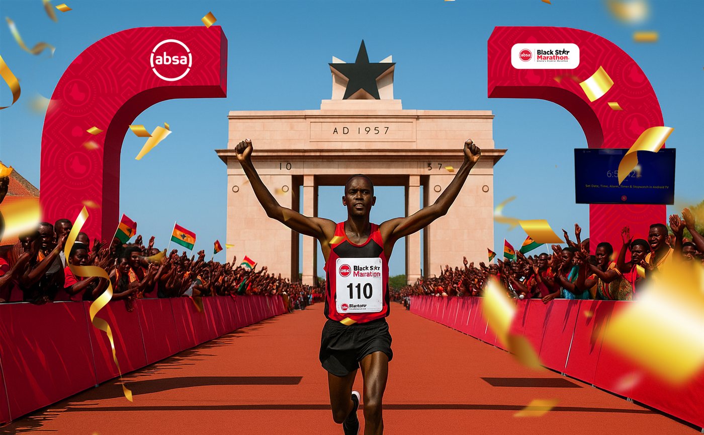 Absa Black Star Marathon finish-line arch.