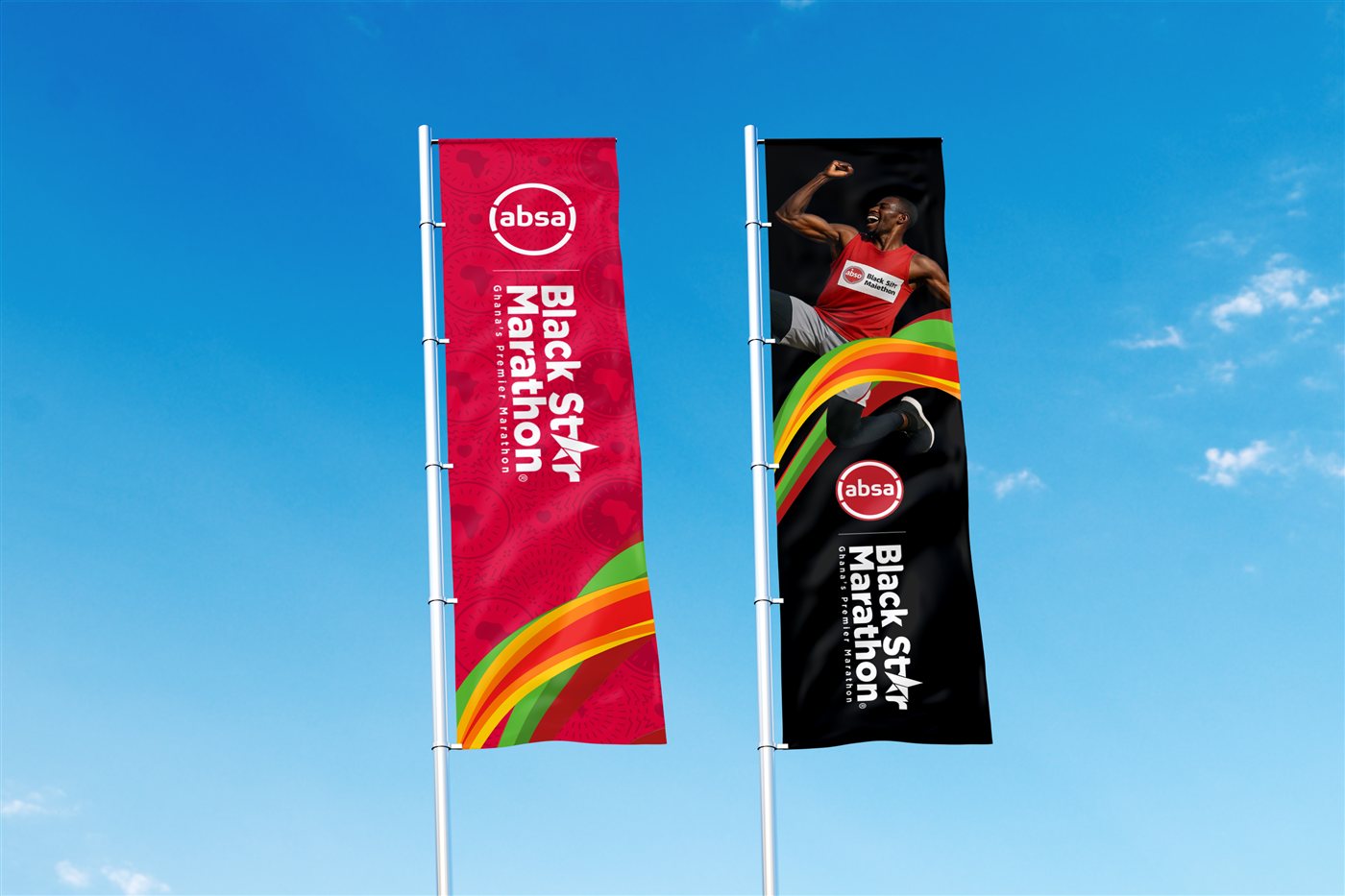Absa Black Star Marathon lamp-post flag, 'Almost there!'.
