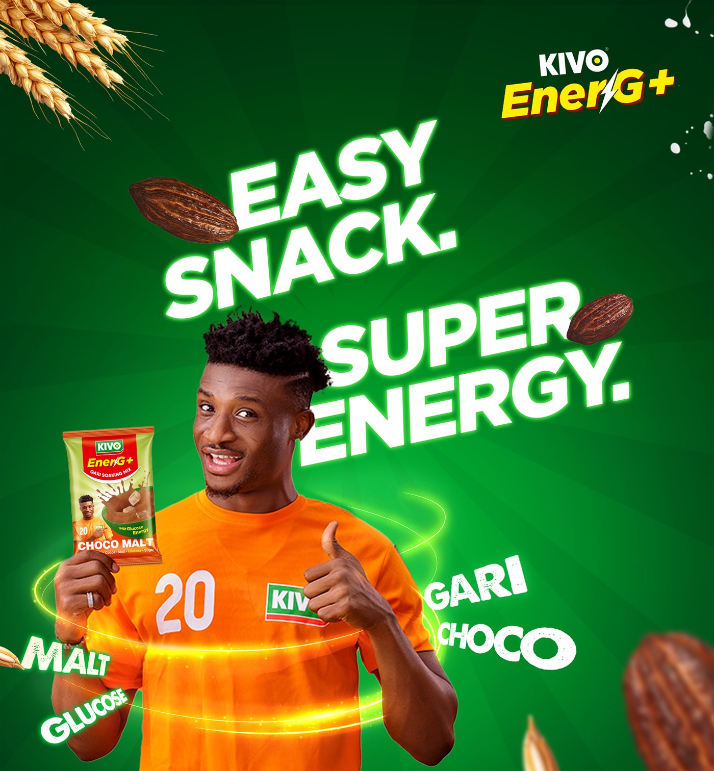KIVO EnerG+ product artwork, 'Easy snack'.