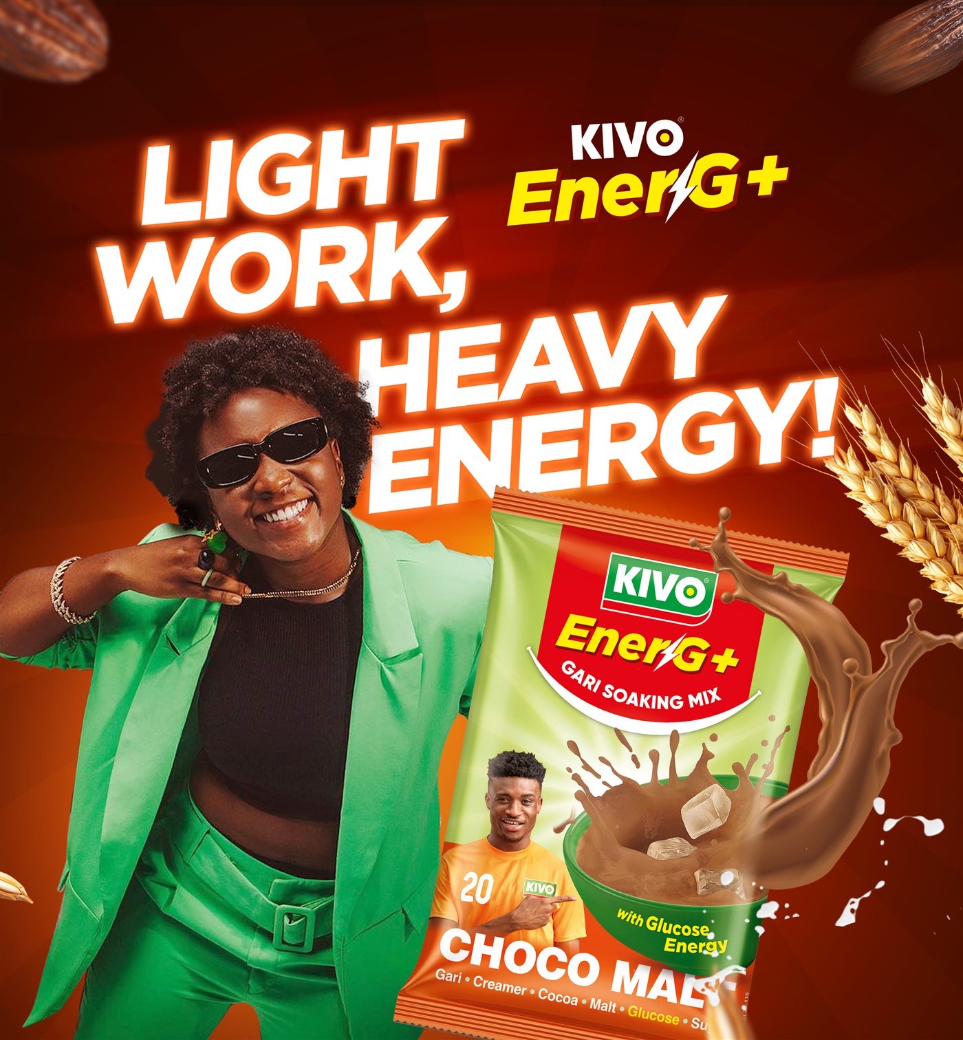 KIVO EnerG+ campaign artwork, 'Light work, heavy energy!'.