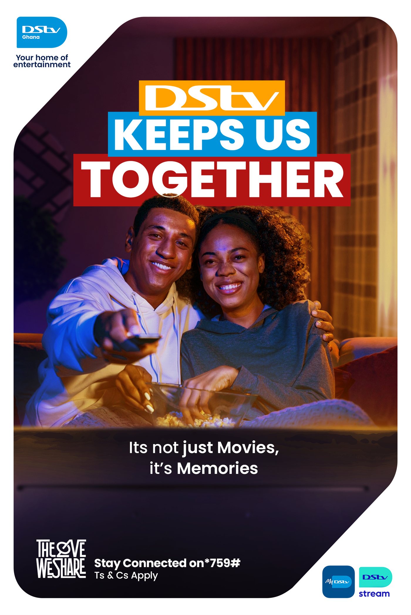 DStv 'Keeps us together' campaign poster, a couple watching TV.