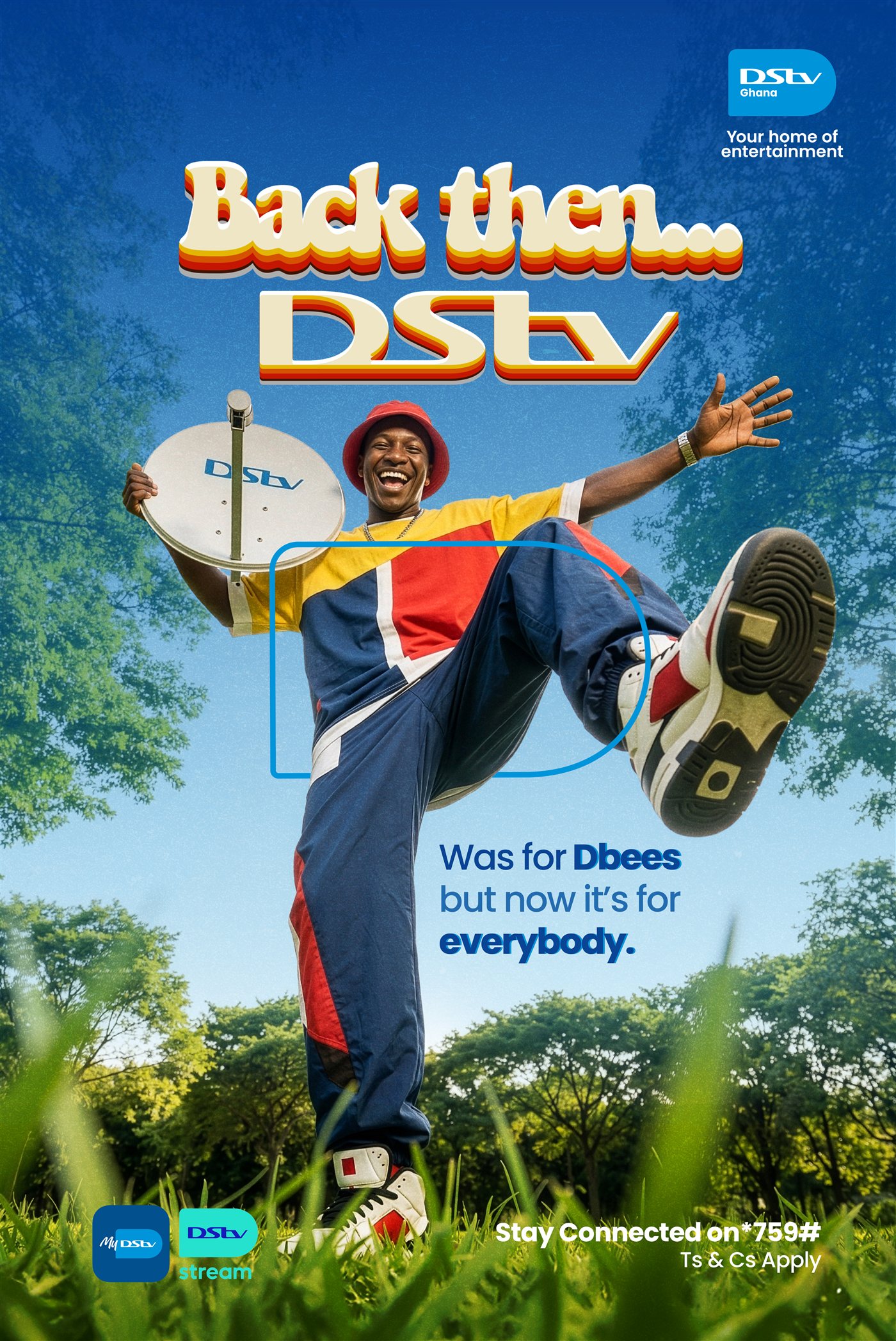 DStv campaign poster, 80s-themed key art.