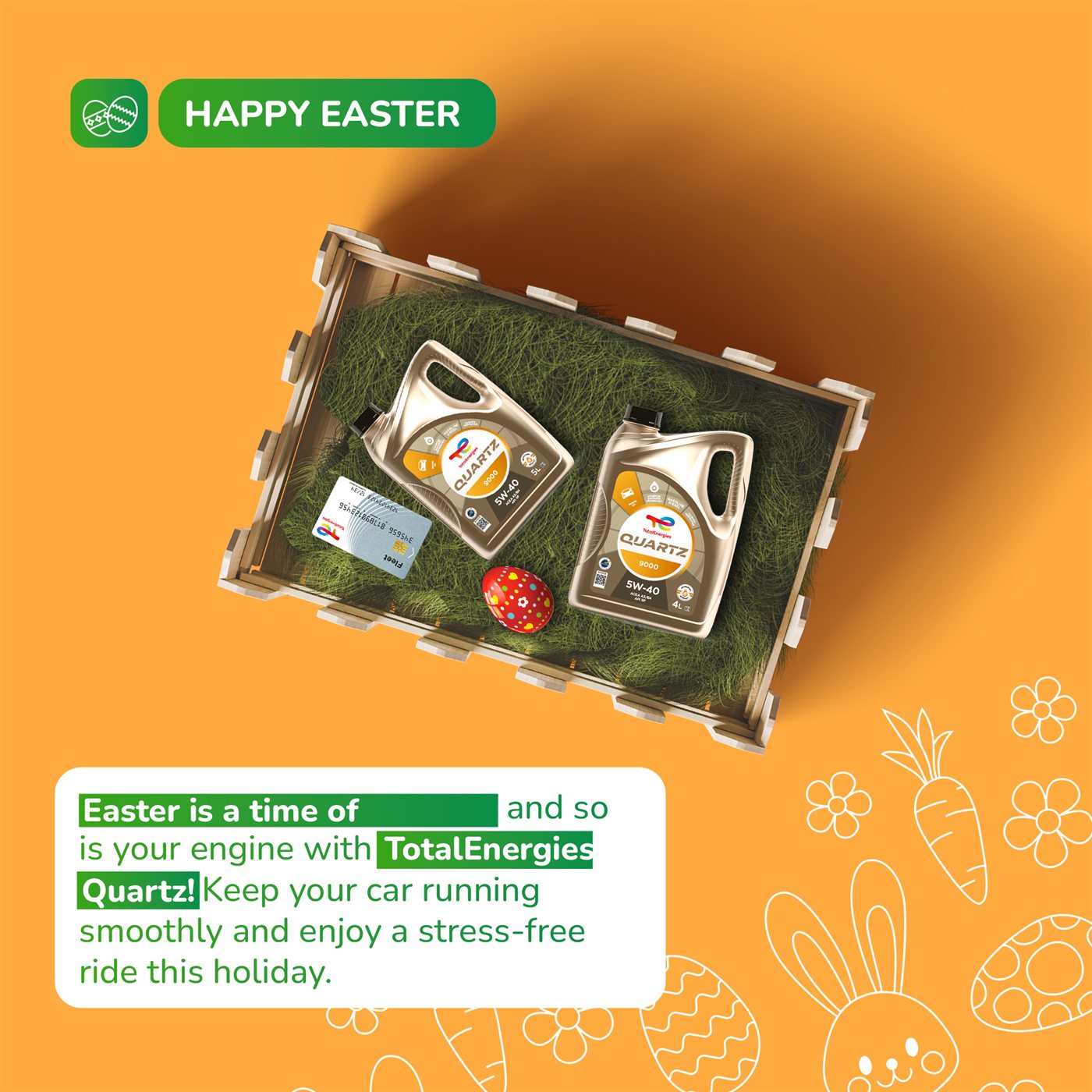 TotalEnergies 'Happy Easter' promo, Quartz engine oil gift crate.