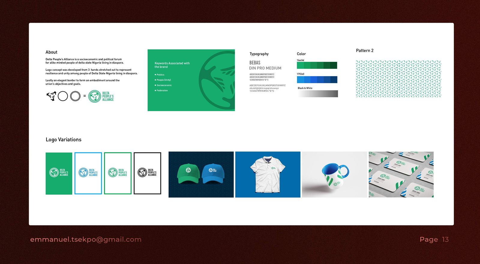 Delta People's Alliance identity: concept build of the mark, keywords, typography, colour ramps, pattern and logo variations, plus caps, polo, mug and business-card mockups.