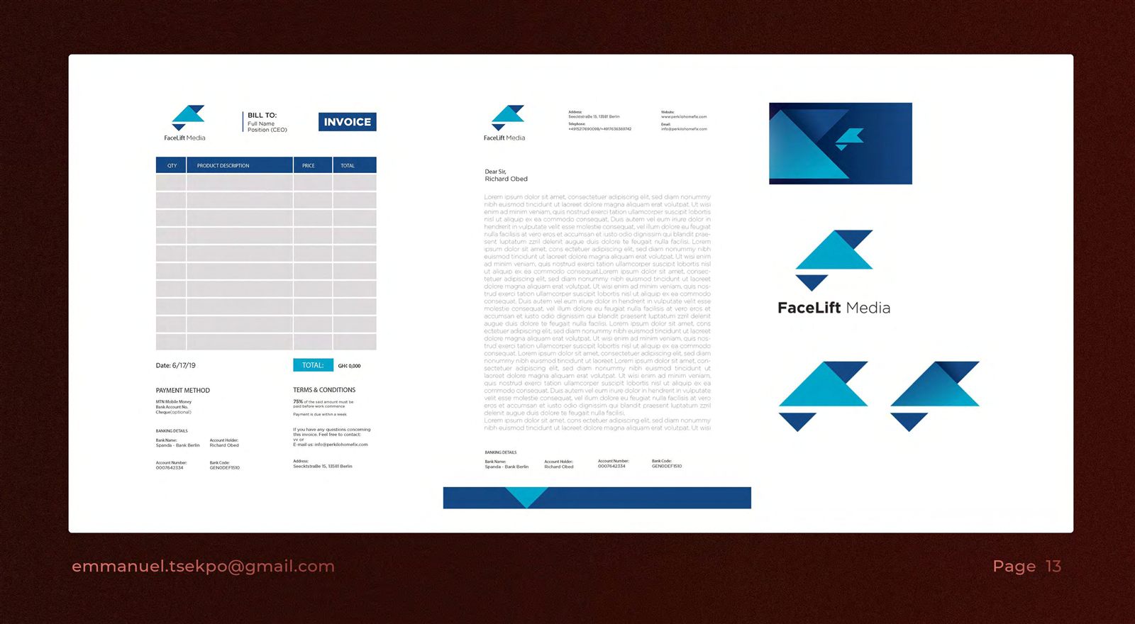FaceLift Media identity: the paper-plane mark on an invoice and letterhead, plus the logo and its colour and layout variations.
