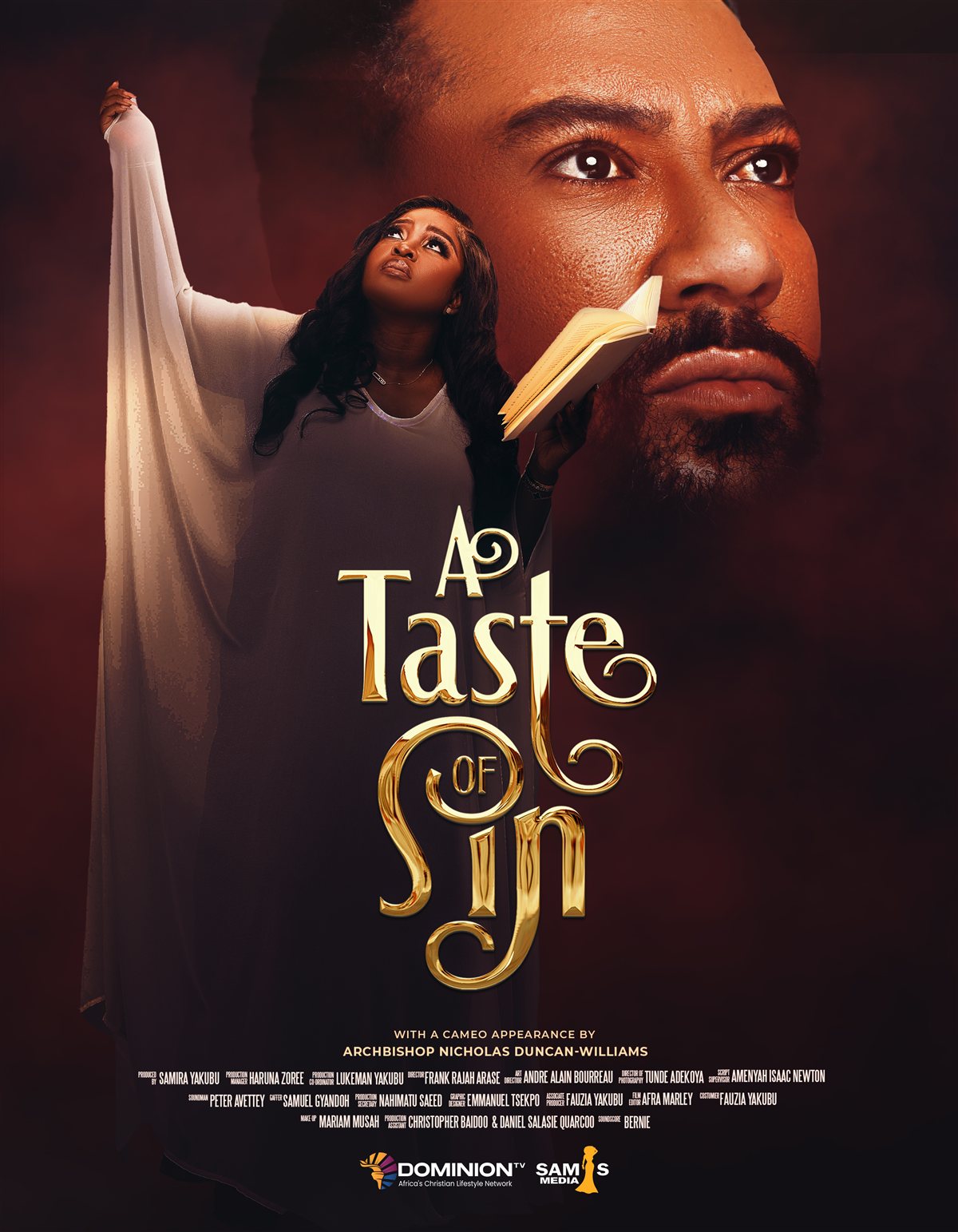 A Taste of Sin key art: gold title treatment over a devotional scene.