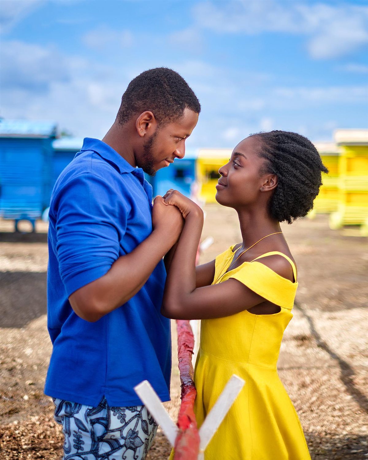 Aloevera key art: the two leads holding hands between a blue and a yellow house.