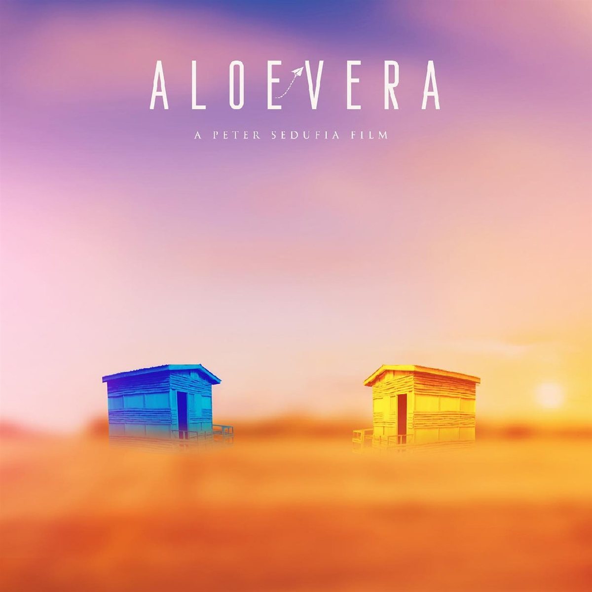Aloevera title treatment over two miniature houses at sunset.