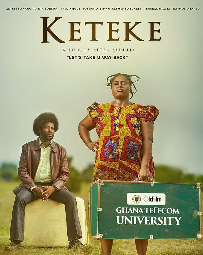 Keteke poster: the lead standing in a field with a vintage suitcase, full cast list.