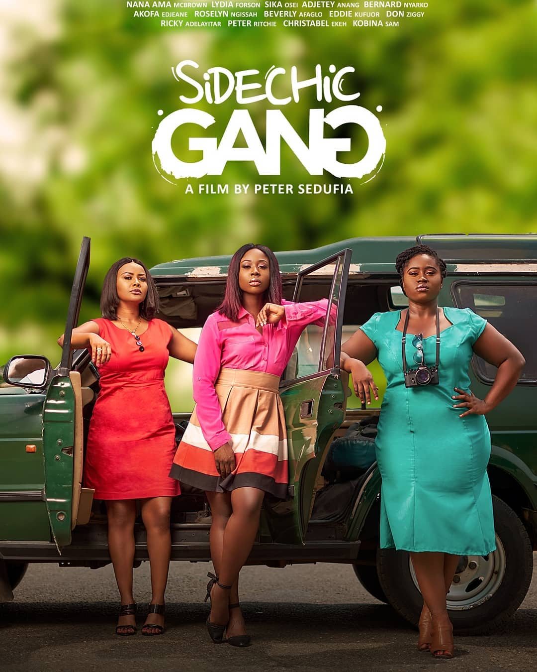 Sidechic Gang poster: three leads inside a green pickup truck, full cast list.