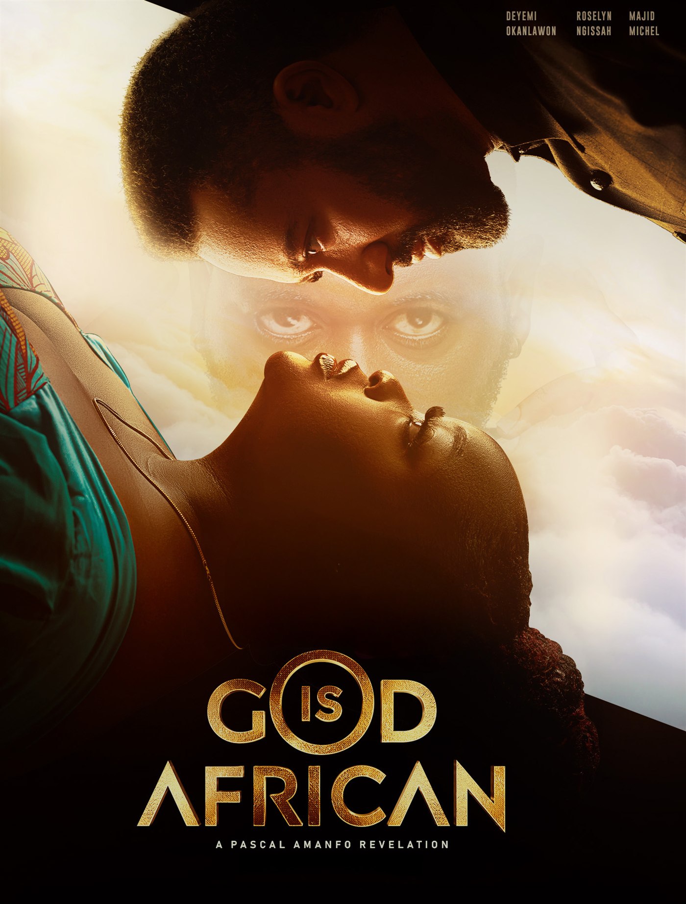 God is African key art: a couple in an embrace, gold title treatment, 'A Pascal Amanfo Revelation'.