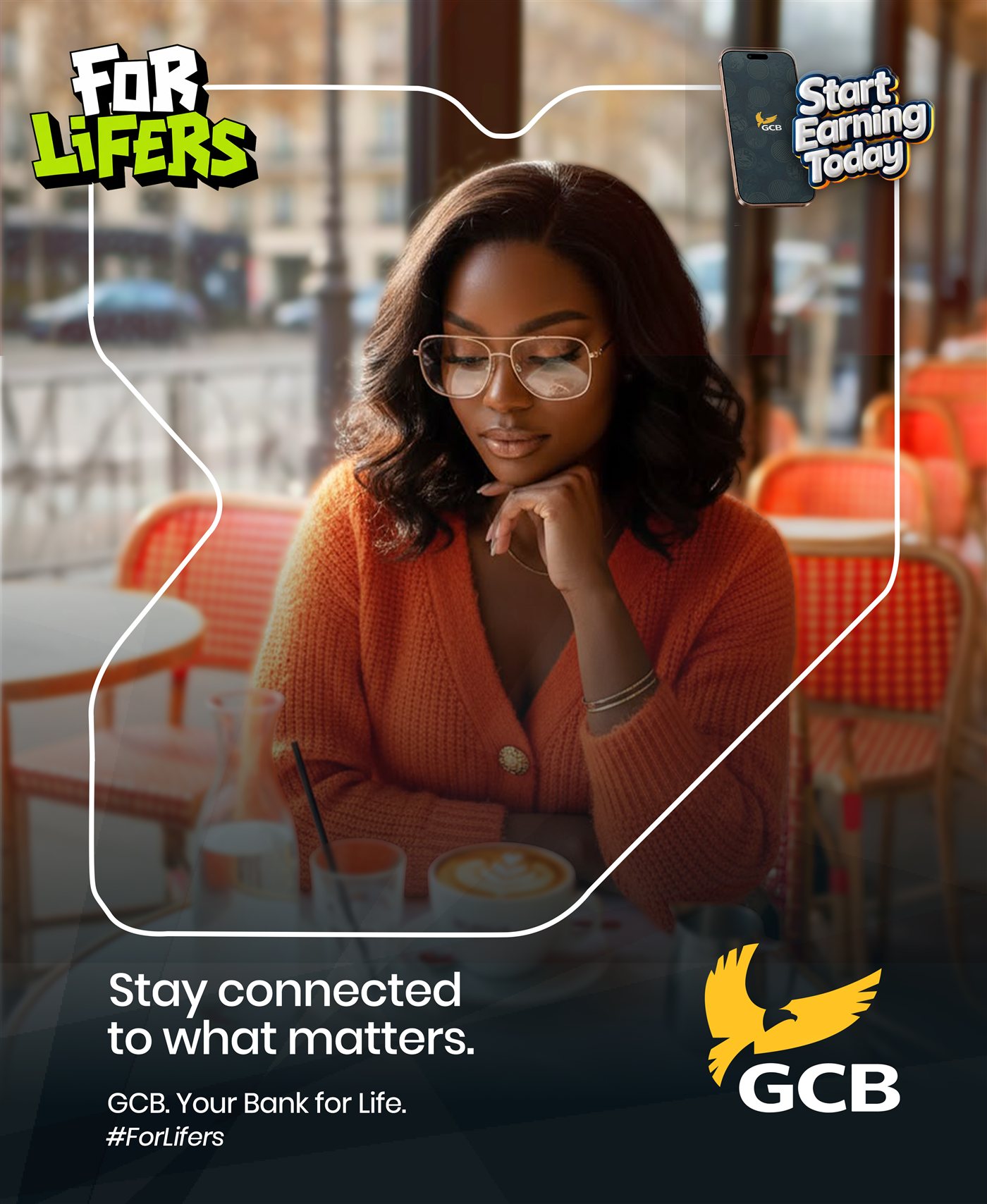 GCB Bank 'For Lifers' key visual, mobile banking at a cafe.