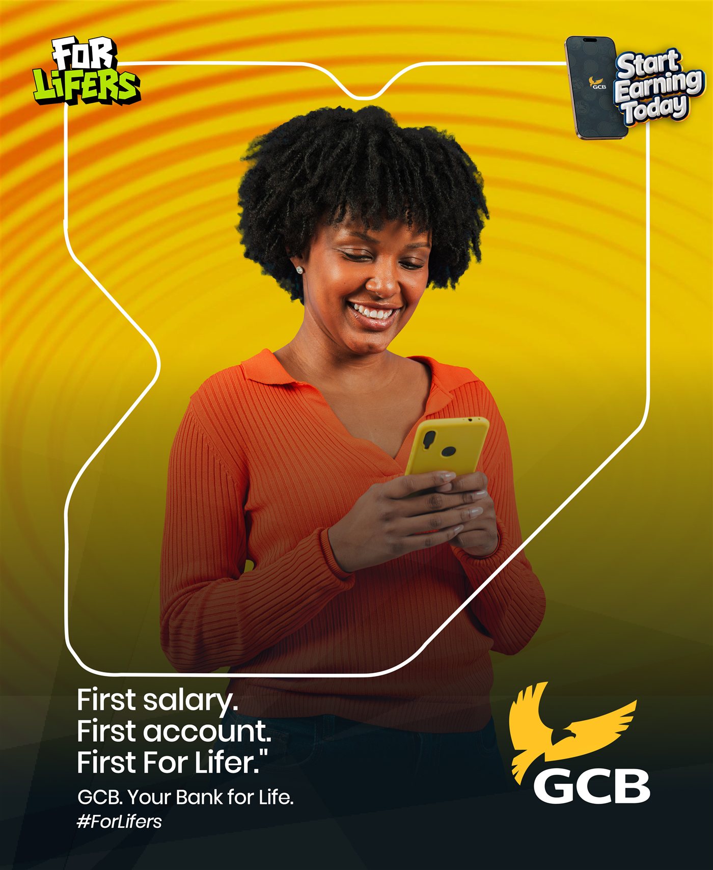 GCB Bank 'For Lifers' key visual, 'First salary, first account, first For Lifer'.