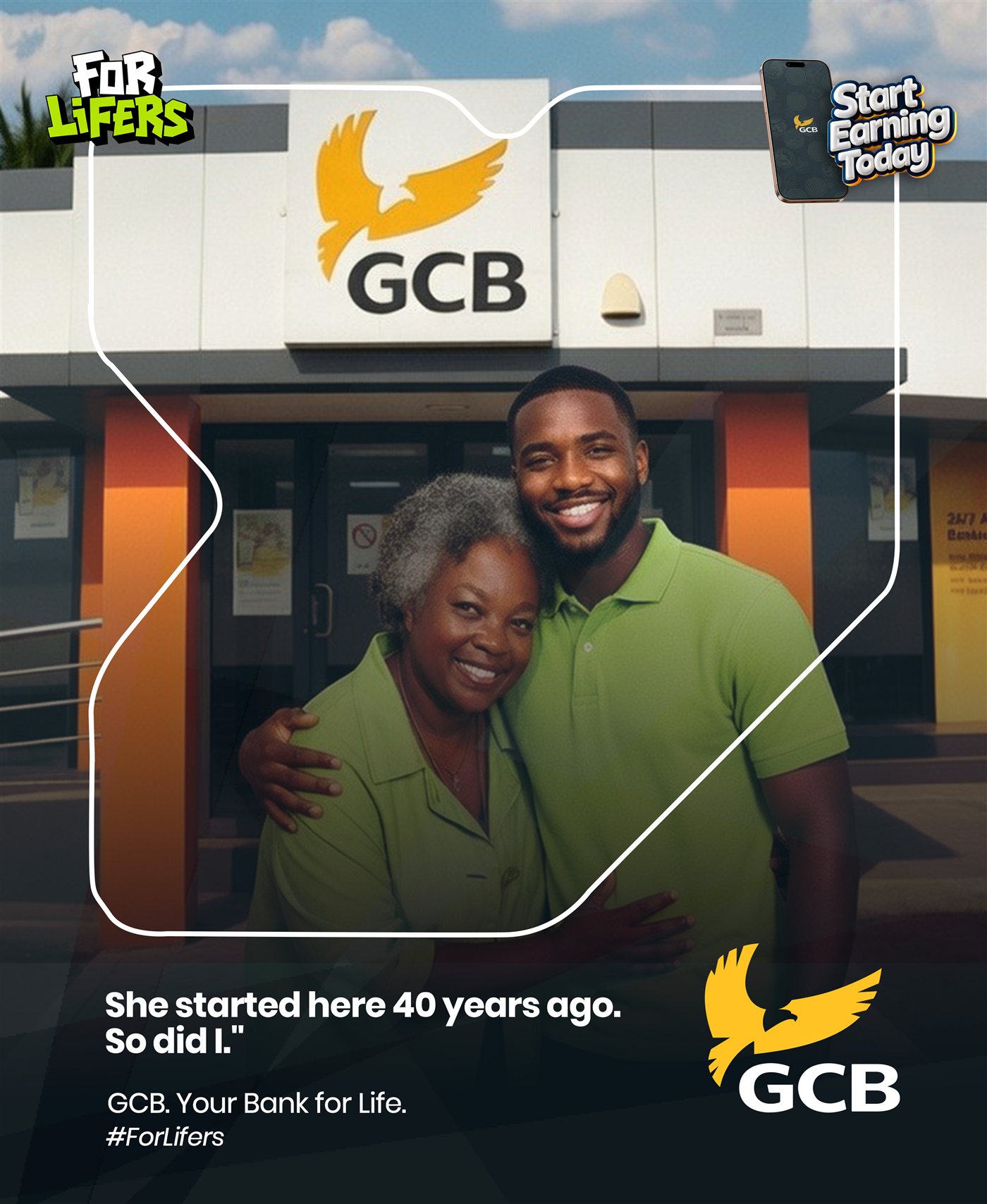 GCB Bank 'For Lifers' key visual, two generations outside a GCB branch.