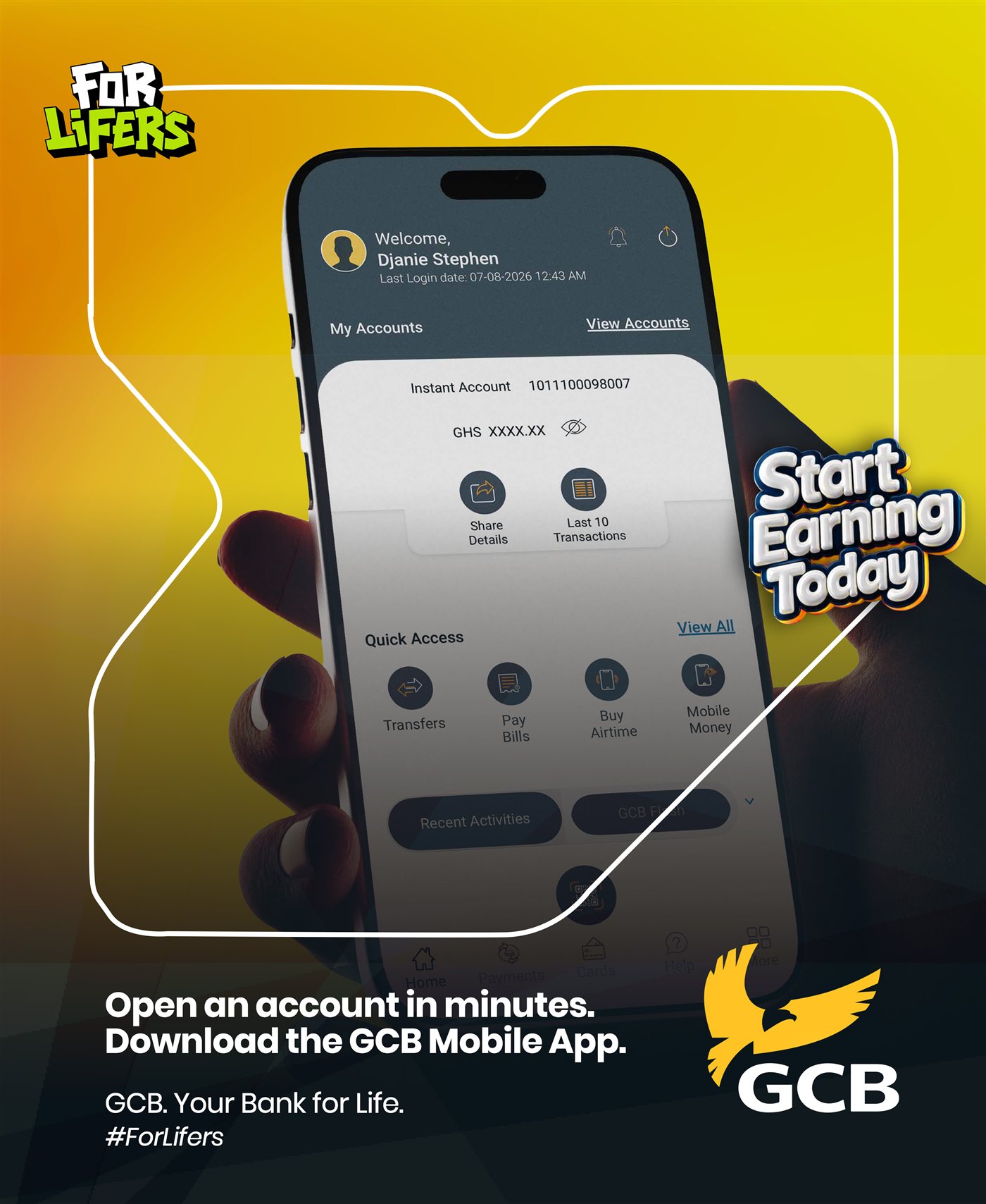 GCB Bank 'For Lifers' key visual, the GCB mobile app interface.