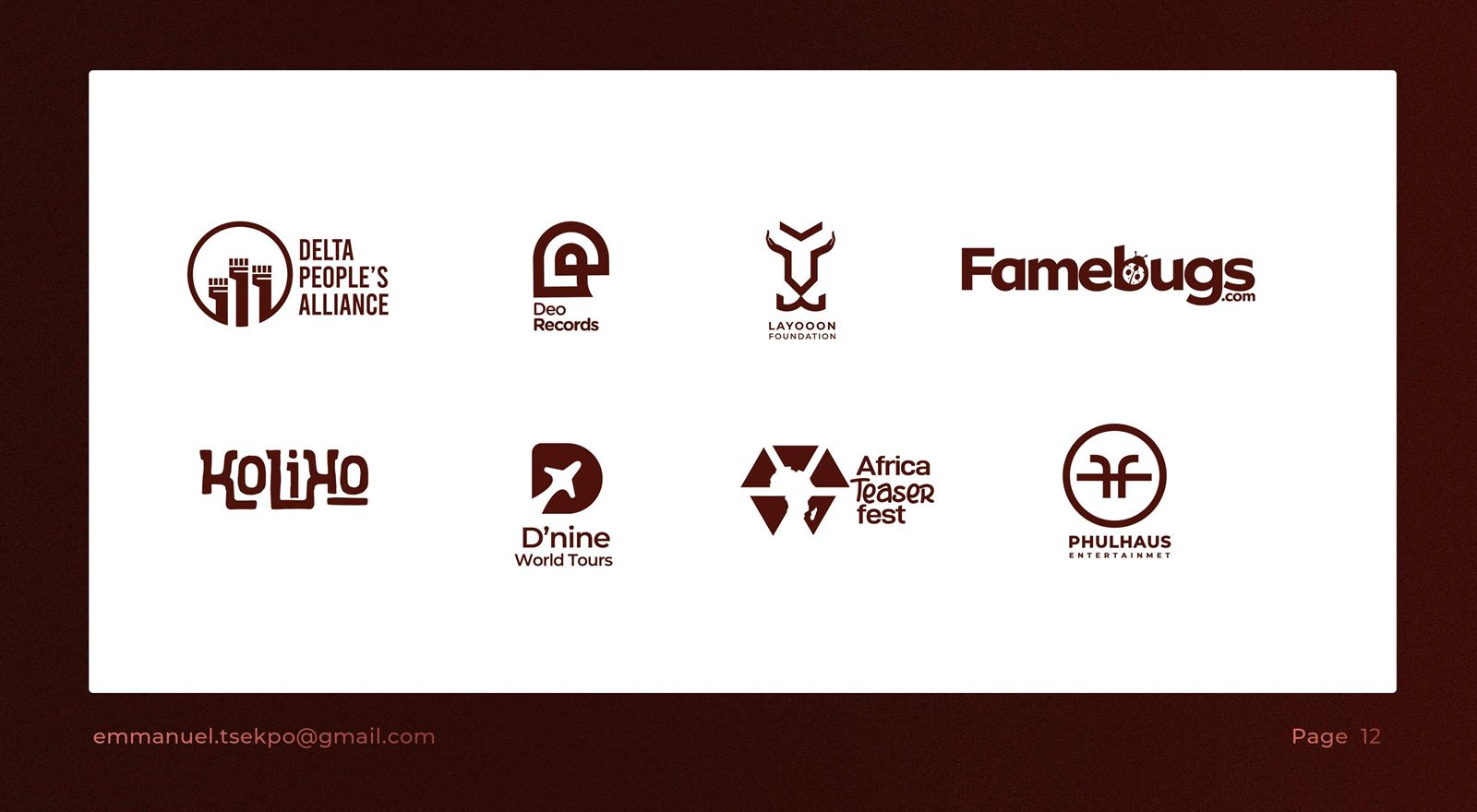 Eight monochrome logo marks arranged on a white field: Delta People's Alliance, Deo Records, Layooon Foundation, Famebugs.com, KOLIHO, D'nine World Tours, Africa Teaser Fest and Phulhaus Entertainment.