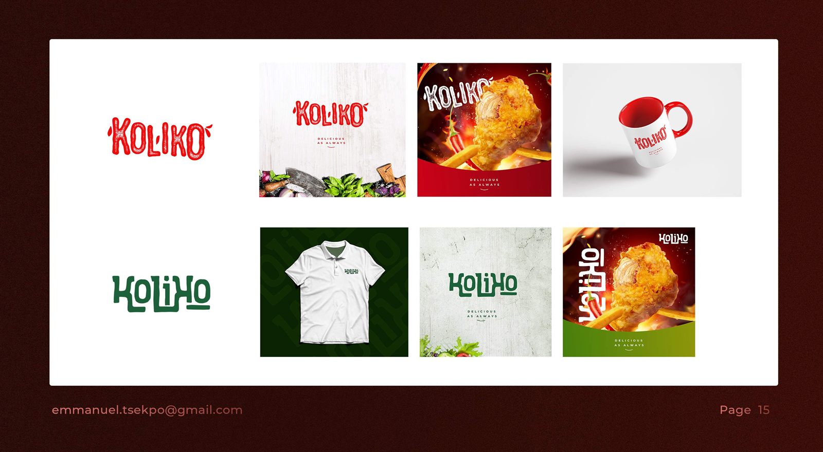 KOLIHO identity: the wordmark in red and in green, on a polo shirt, a mug, a textured wall, and food-photography social posts of fried chicken and chips.