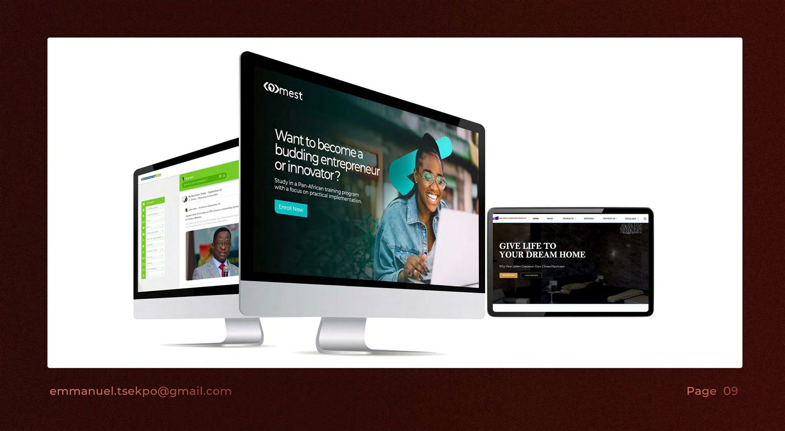 ConsumerLens, MEST and West African Hardware & Decor Ltd website UIs on two iMacs and a tablet.