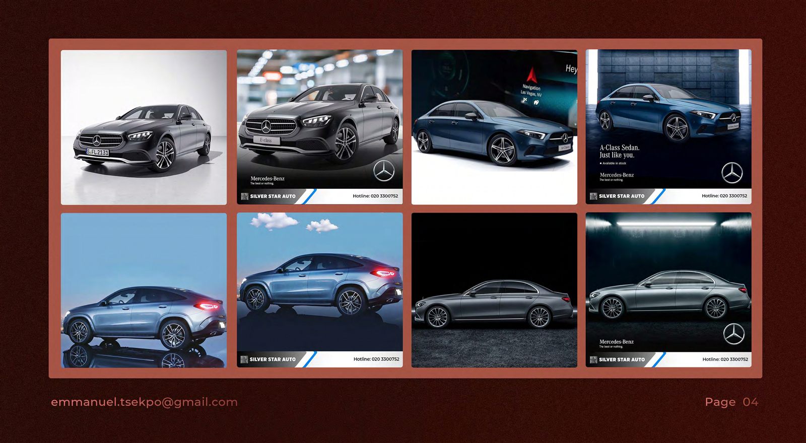 A grid of eight Mercedes-Benz product ads for Silver Star Auto: E-Class, A-Class and GLE Coupe studio and lifestyle shots.