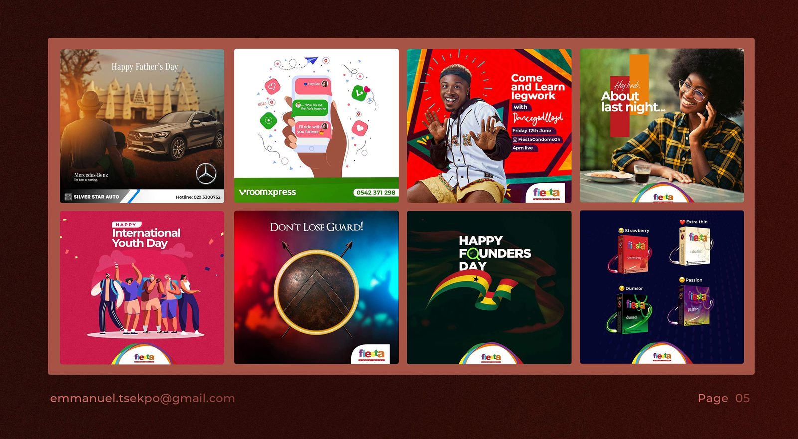 Grid of social campaign designs for Fiesta, Mercedes-Benz, Glo and others.