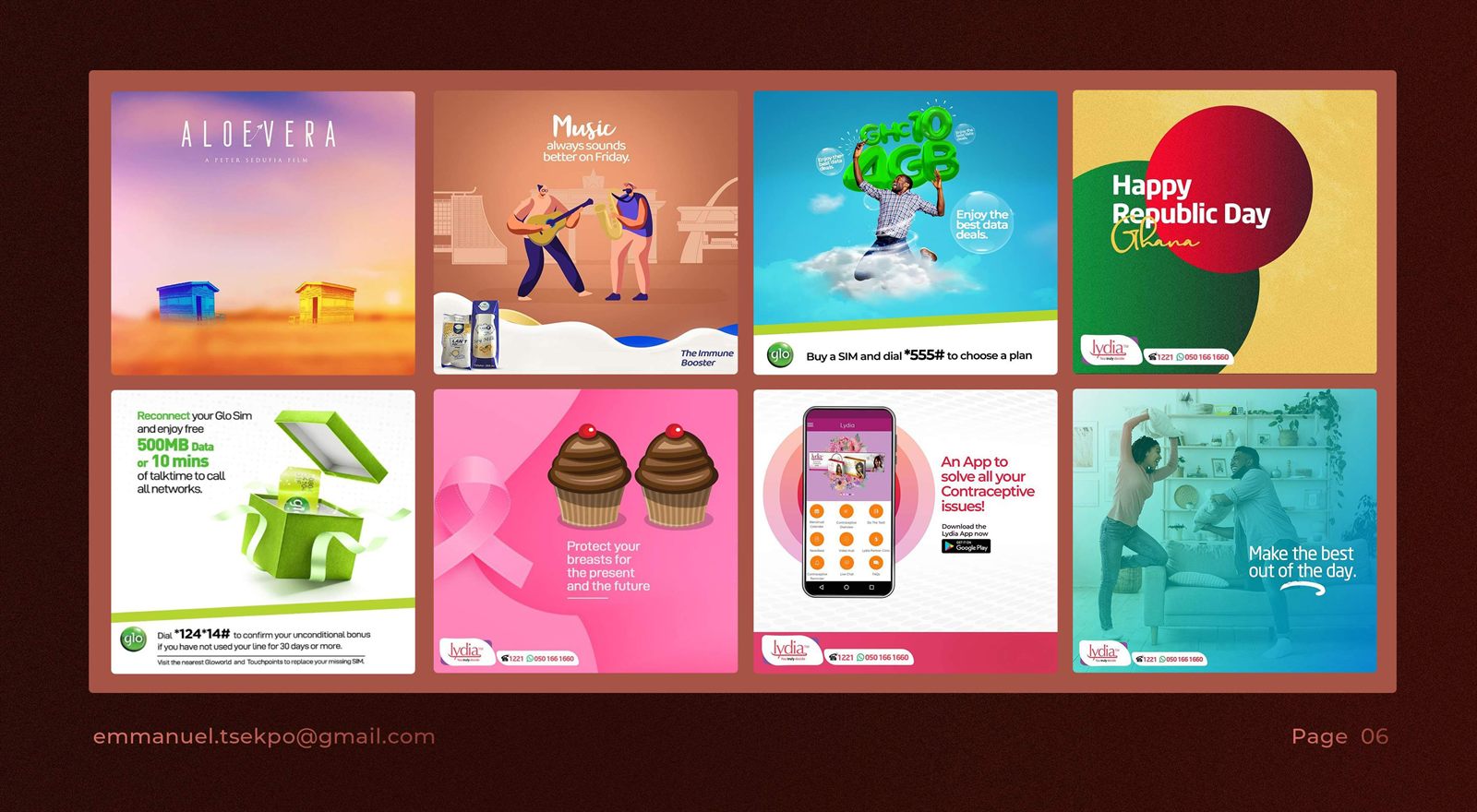 Second grid of social campaign designs including Aloevera, Glo and Lydia.